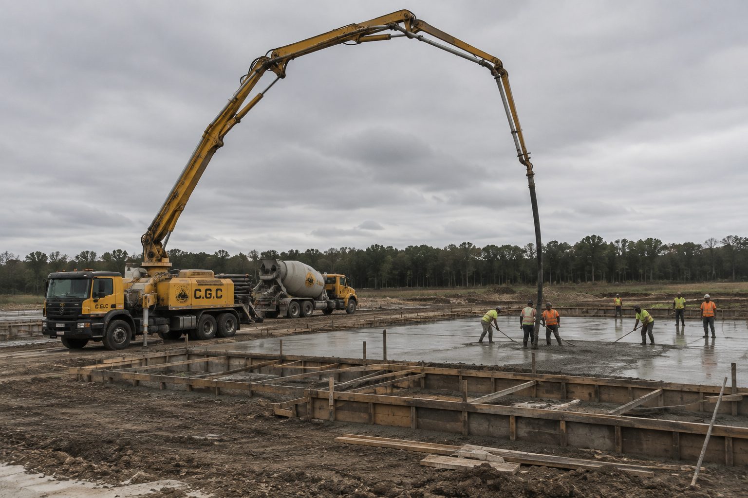 Concrete pump truck pouring a foundation slab with crew finishing the surface