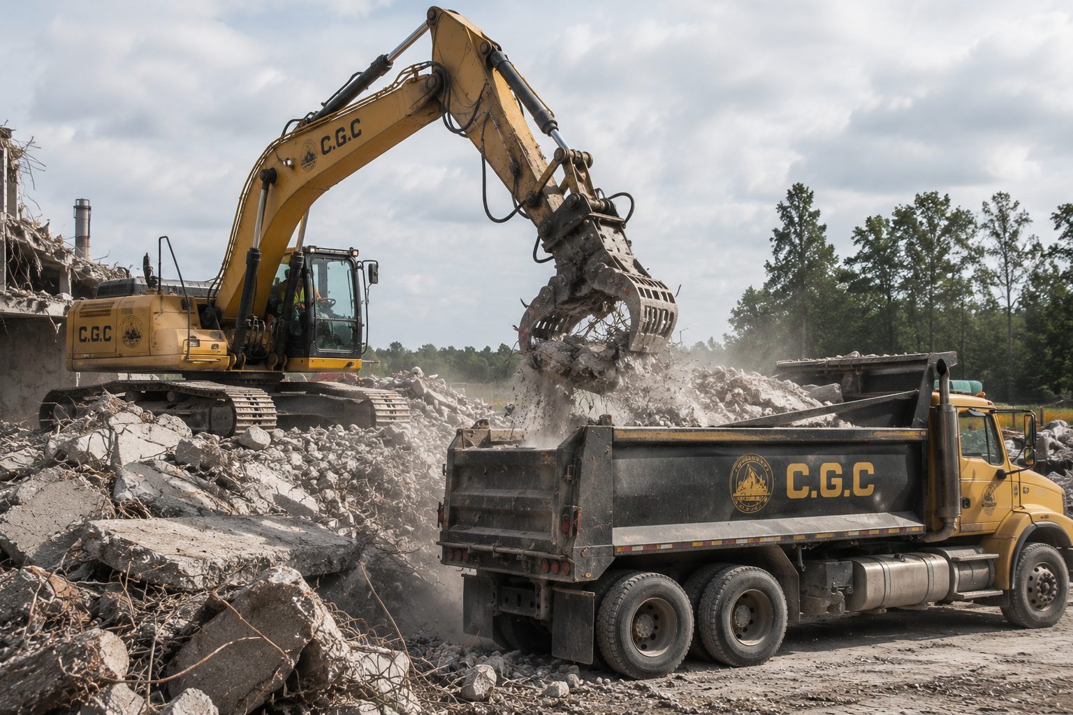 Excavator loading demolition debris into a dump truck