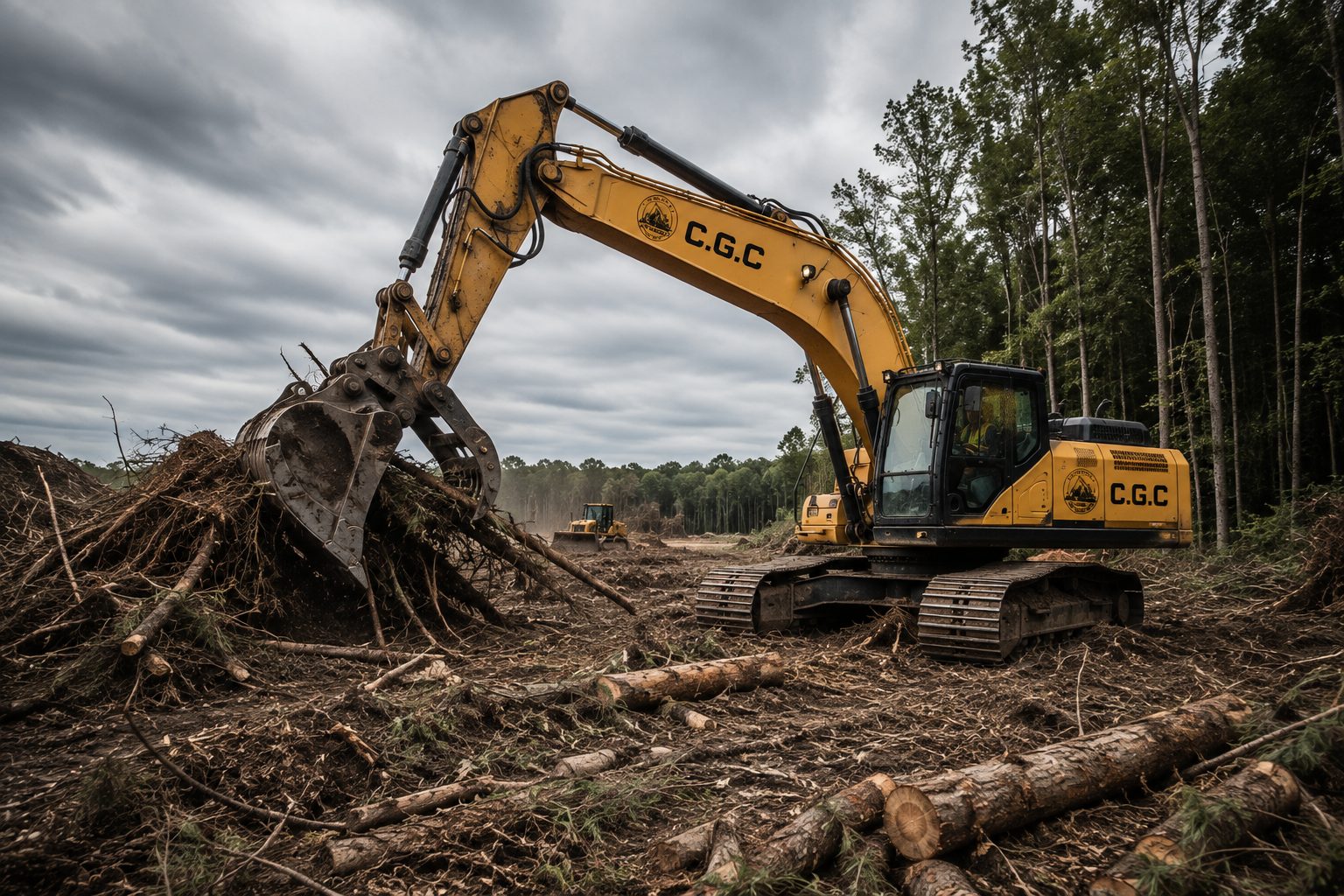 Excavator clearing timber and land on a multi-acre site