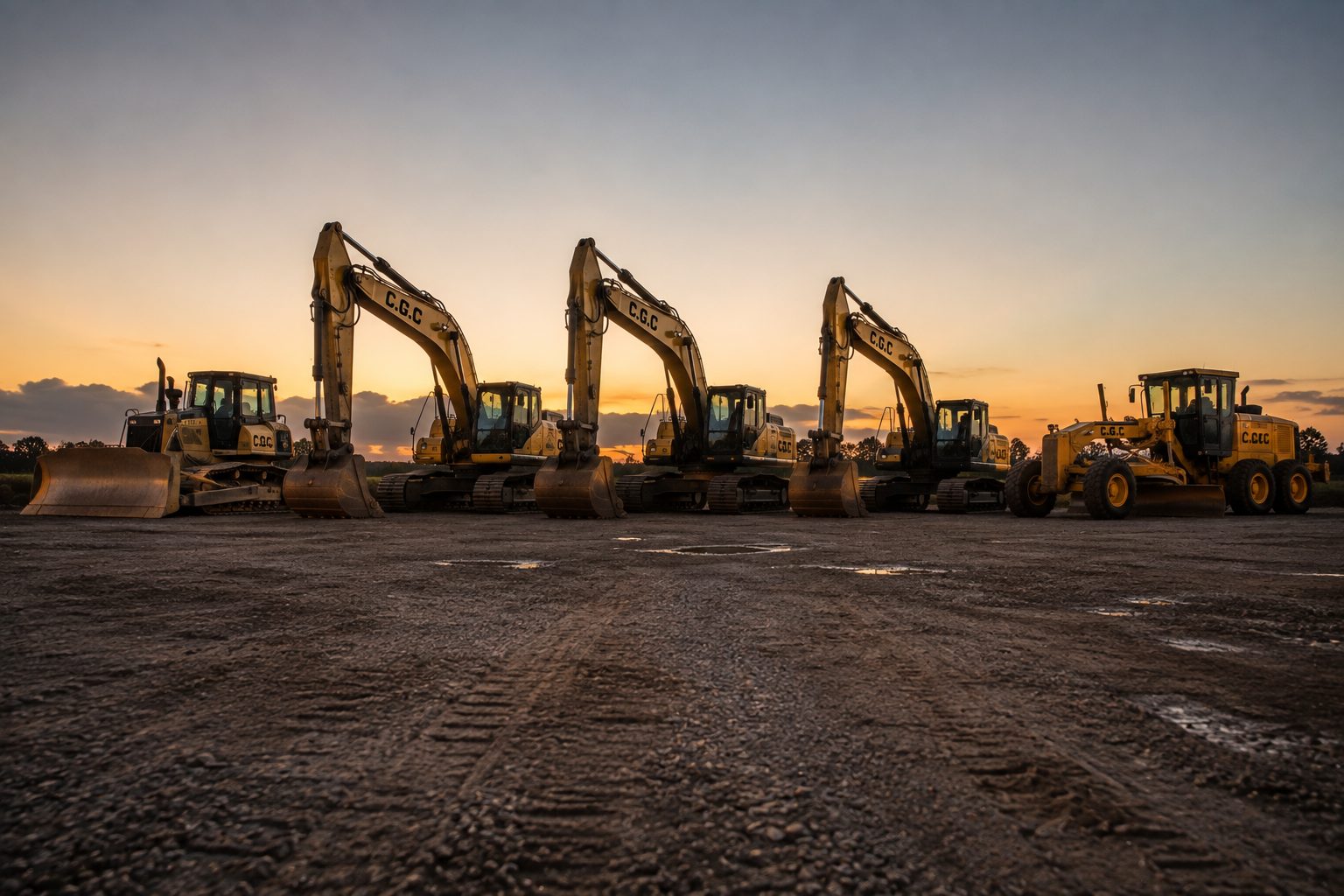Core Grade Construction equipment fleet lined up at dusk