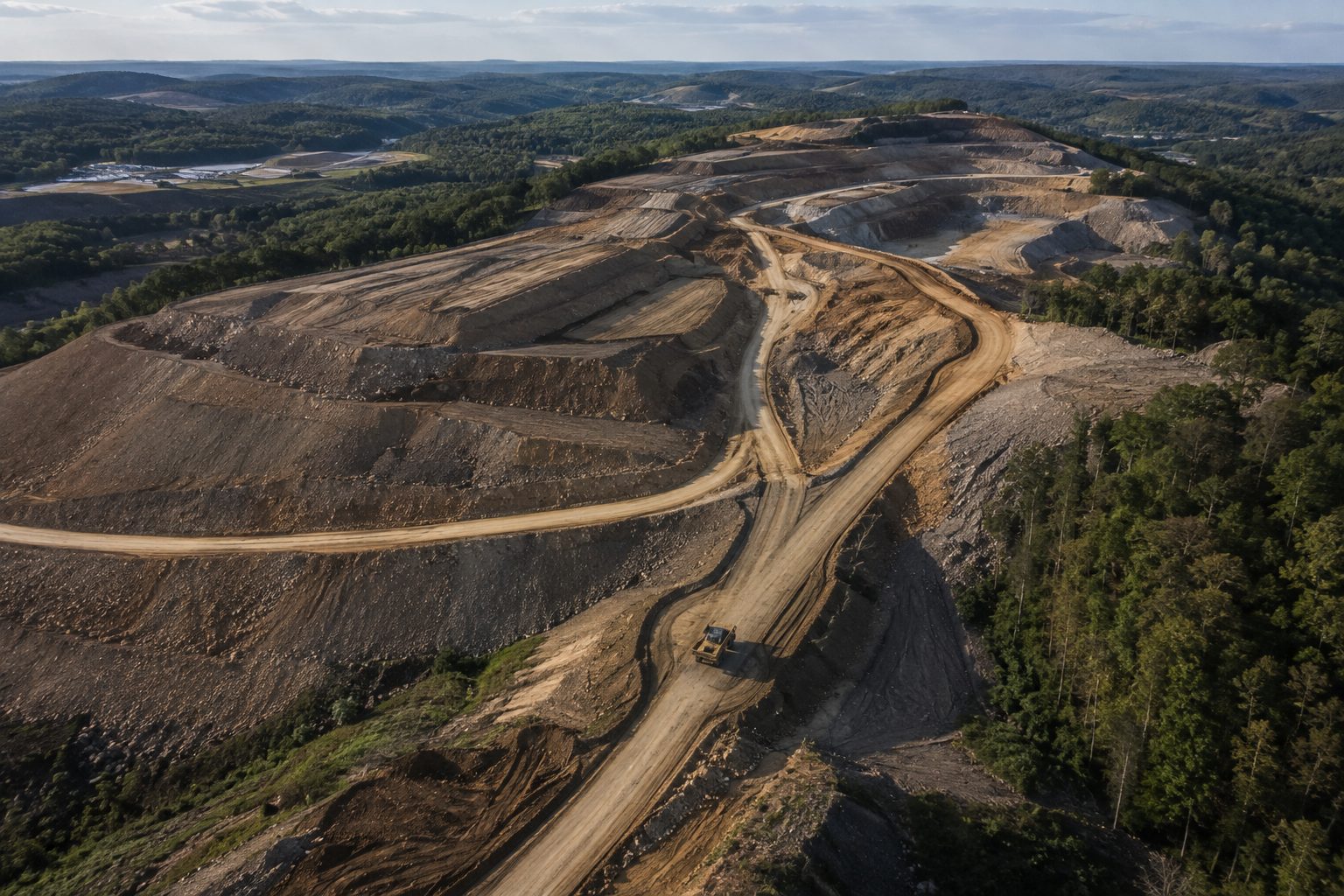 Aerial view of large-scale cut-and-fill earthwork terracing across rolling terrain
