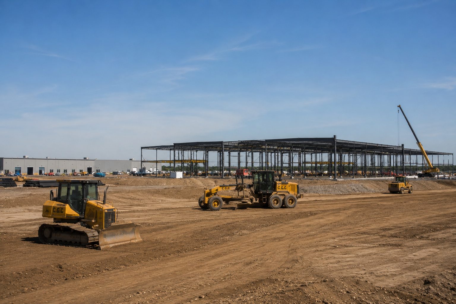 Graded industrial site with a steel structure frame under construction