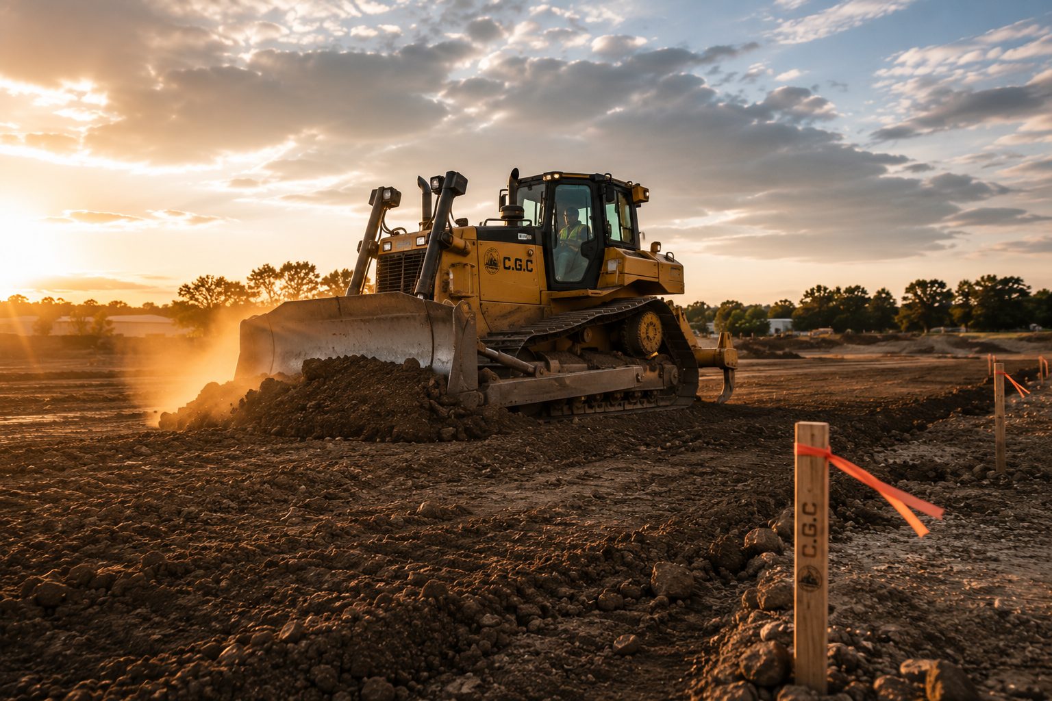 Dozer finish-grading a site at sunset with survey stakes marking design grade