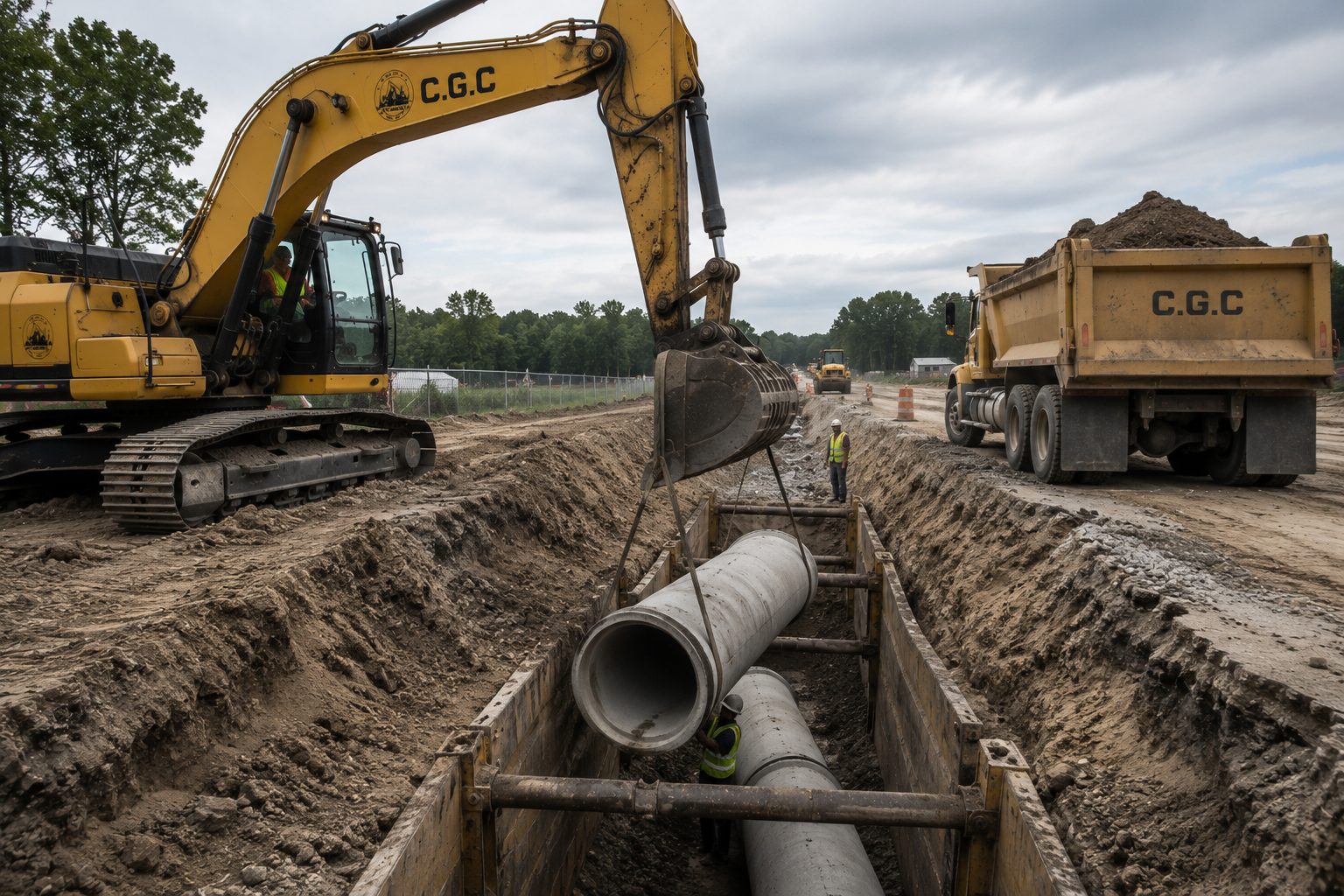 Crew installing large-diameter pipe in an open-cut trench